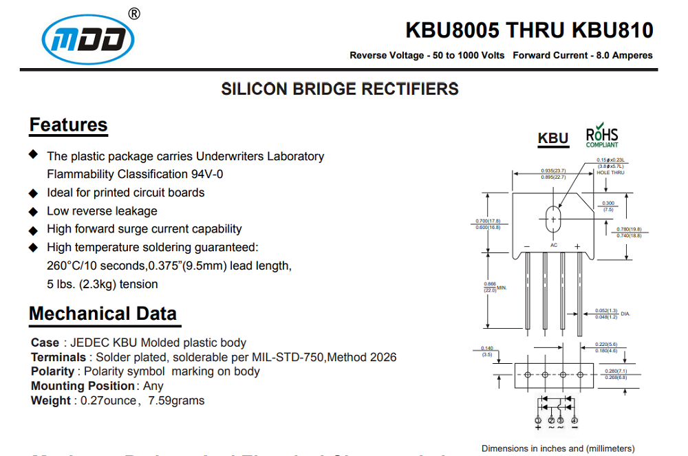 Reland Sun 10 Pezzi KBU810 Diodo Ponte Raddrizzatore 8A 1000V – Componenti Elettronici Di Potenza